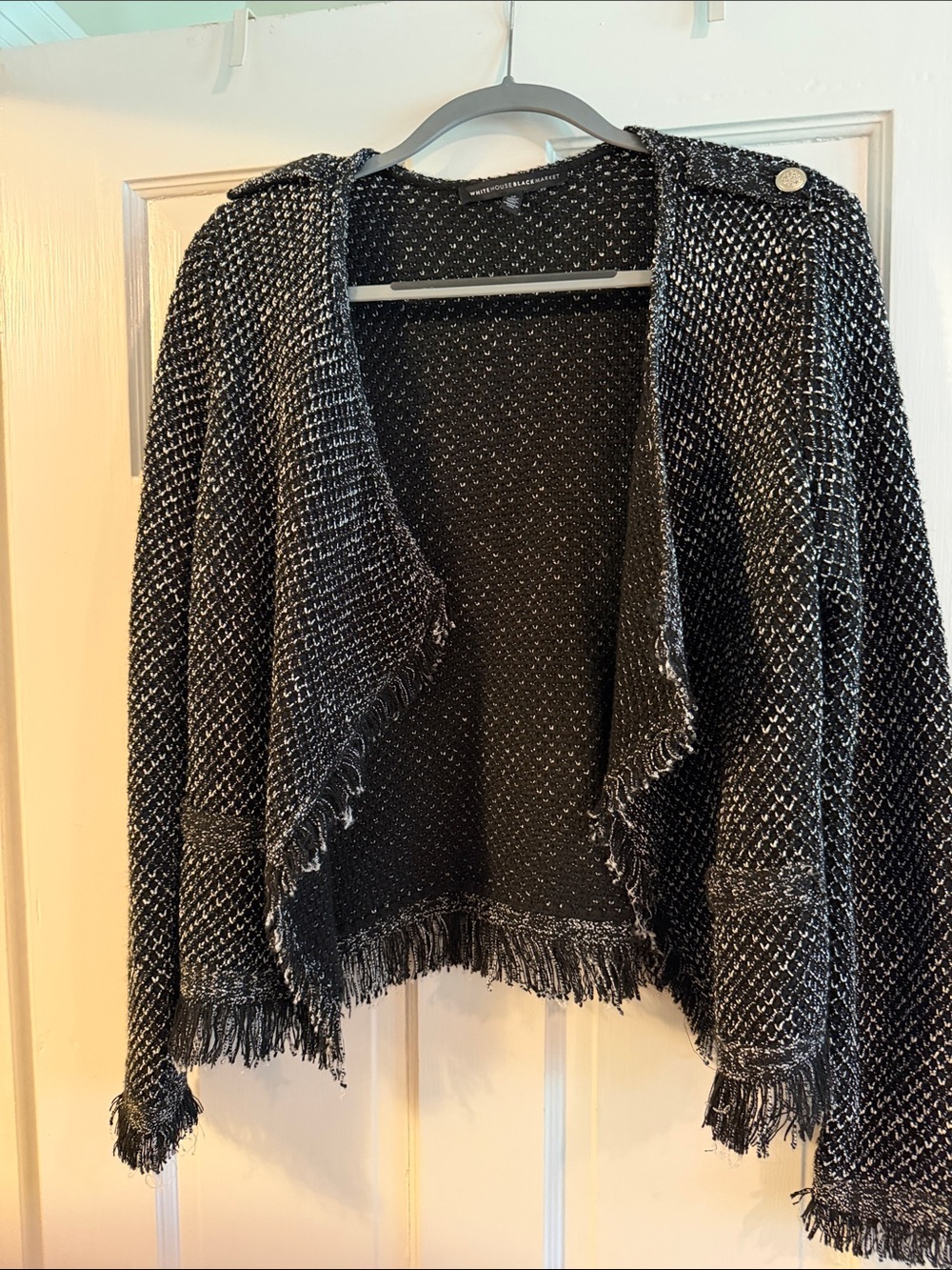 White House Black Market Black & White Fringed Open-Front Cardigan